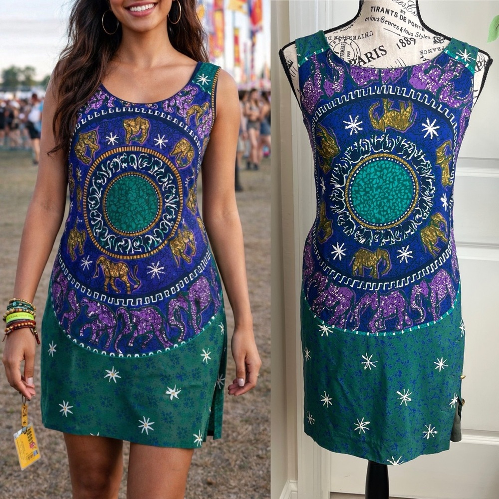 Cynthia Howie 80s Vintage Elephant Medallion Print Dress Green Blue Size 2P